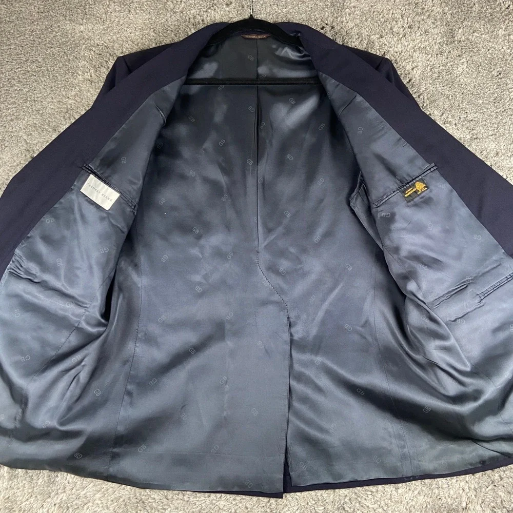 Geoffrey Beene Gold Button Blazer Men 46R Navy Blue Wool Tailored USA Sport Coat